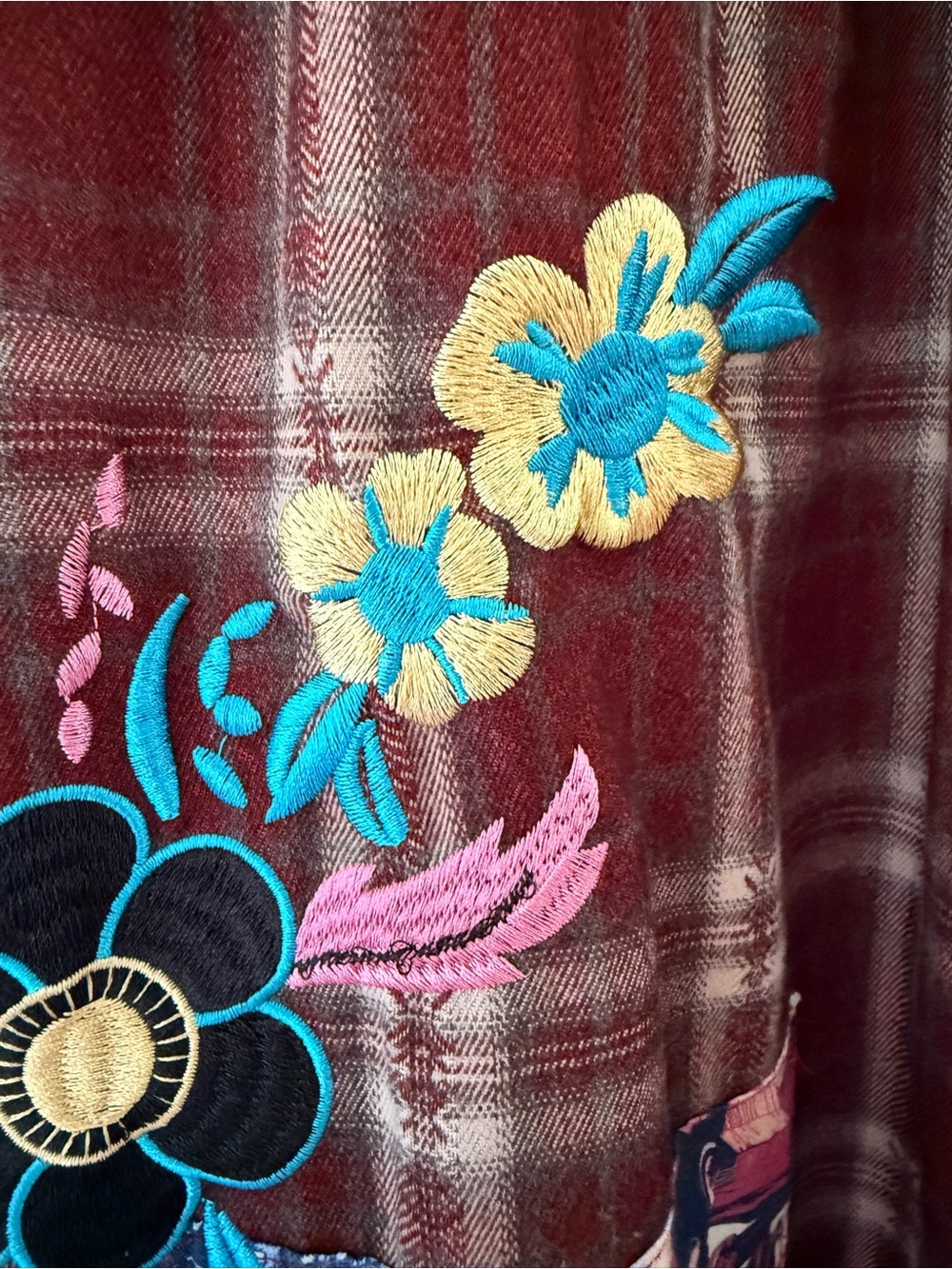 AKIRA Brown/Red Plaid Wide-Leg Pants with Floral Patchwork - Picture 11 of 13